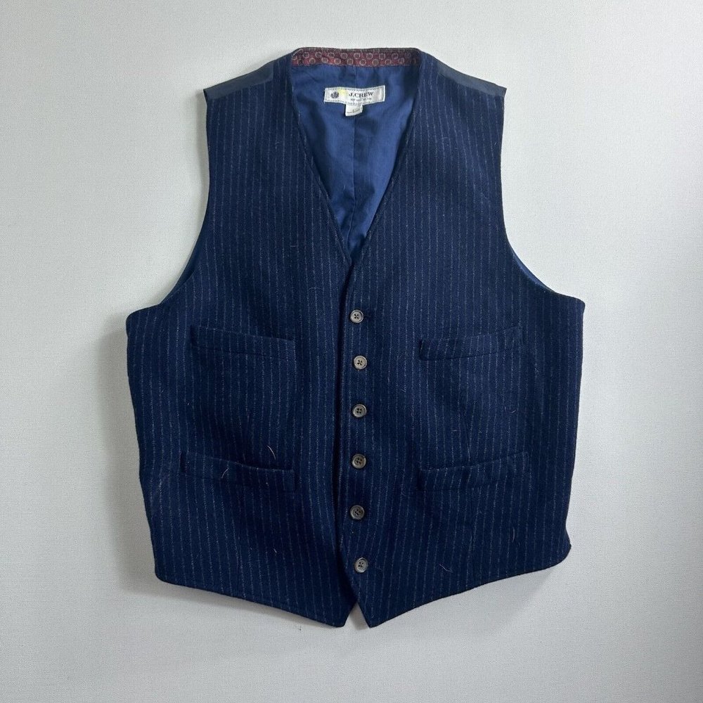Vintage J. Crew Vest Men’s Wool Blue Waistcoat Chalkstripe Size Large Preppy